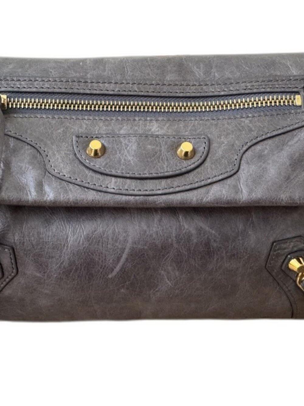 Balenciaga Classic Envelope Clutch Gray Distressed Leather Gold Hardware Mirror